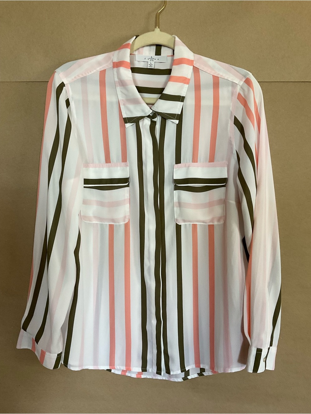 Fever Striped Button-Front Women’s Blouse in White, Pink & Olive. Size L